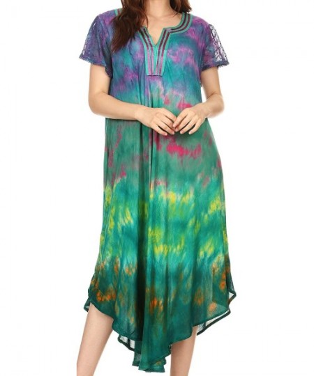 Cover-Ups Anita Short Sleeve Tie Dye Split Neck Dress/Cover Up - Fuchsia / Turq - C21828230O8