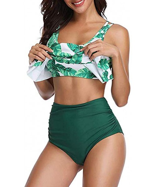 Sets Womens Two Piece Bikini Set Ruffled Backless Bra Print Shorts Beach Swimsuit - Green - CA195Y722ZL