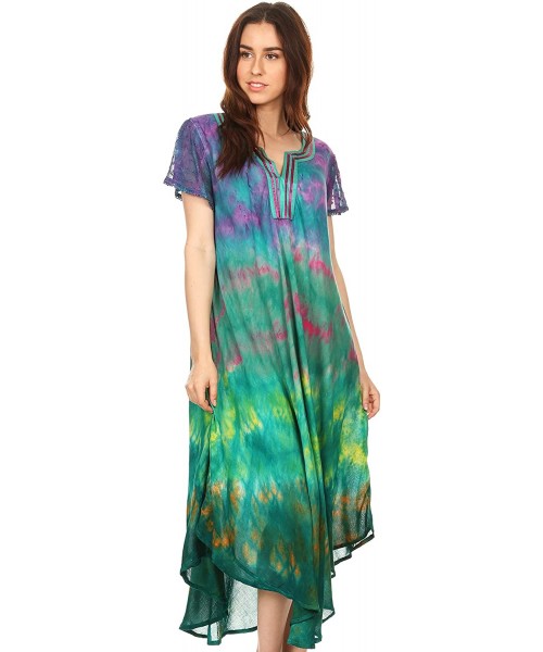 Cover-Ups Anita Short Sleeve Tie Dye Split Neck Dress/Cover Up - Fuchsia / Turq - C21828230O8