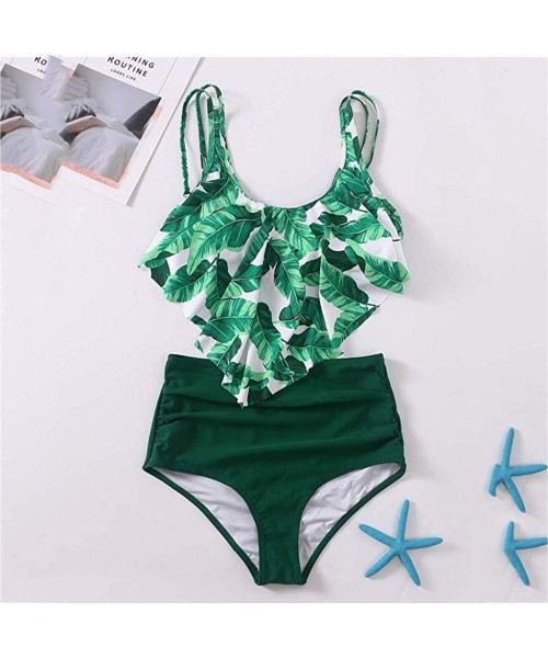 Sets Womens Two Piece Bikini Set Ruffled Backless Bra Print Shorts Beach Swimsuit - Green - CA195Y722ZL