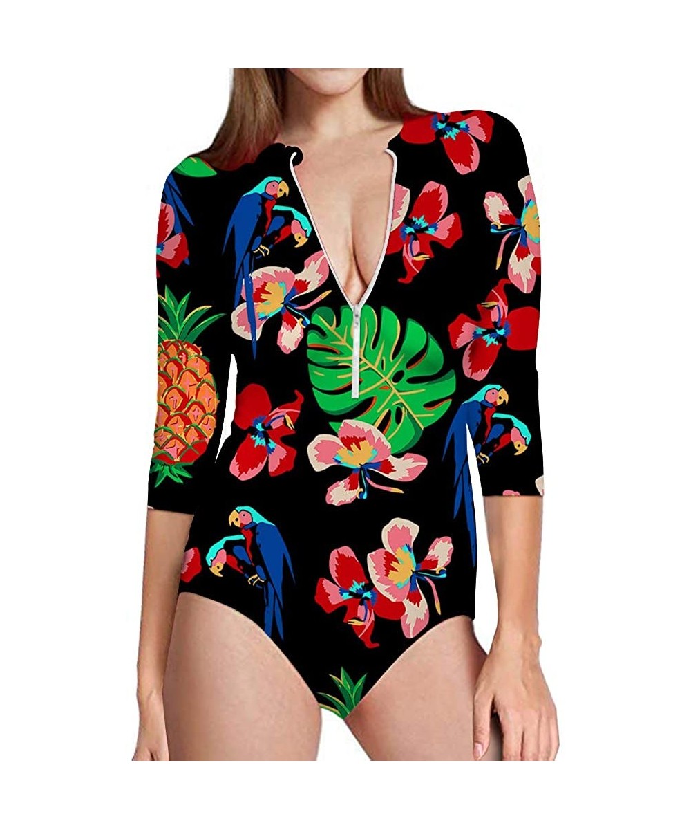 Rash Guards Hawaii Women's One-Piece Surfing Swimsuit Seven-Quarter Sleeve Front Zip Sun Protection Bathing Suit - Hawaii 22 ...