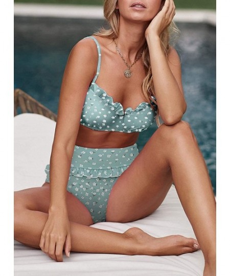 Sets Women Two Piece Swimsuit High Waisted Ruffled Detail Bikini Set Fruit Print High Waist Bikini - Sky Blue - CG197KSOARO