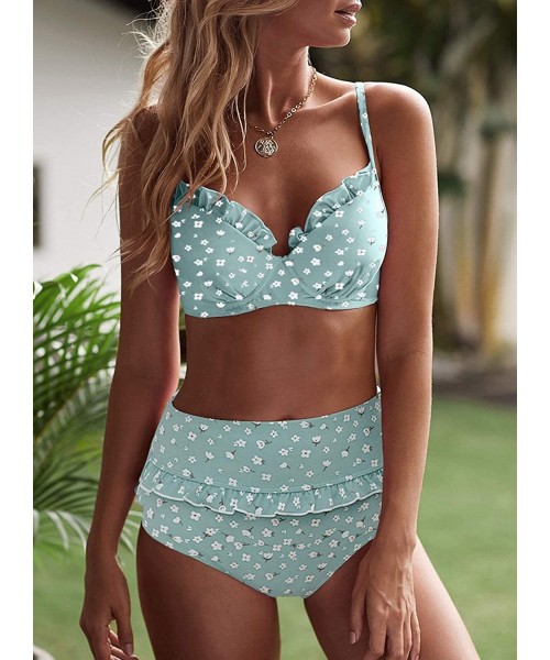 Sets Women Two Piece Swimsuit High Waisted Ruffled Detail Bikini Set Fruit Print High Waist Bikini - Sky Blue - CG197KSOARO