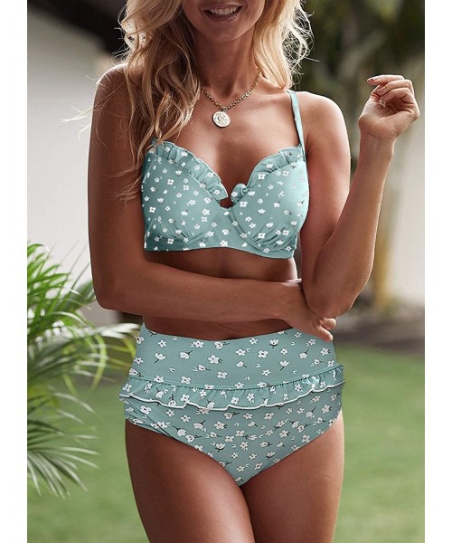 Sets Women Two Piece Swimsuit High Waisted Ruffled Detail Bikini Set Fruit Print High Waist Bikini - Sky Blue - CG197KSOARO