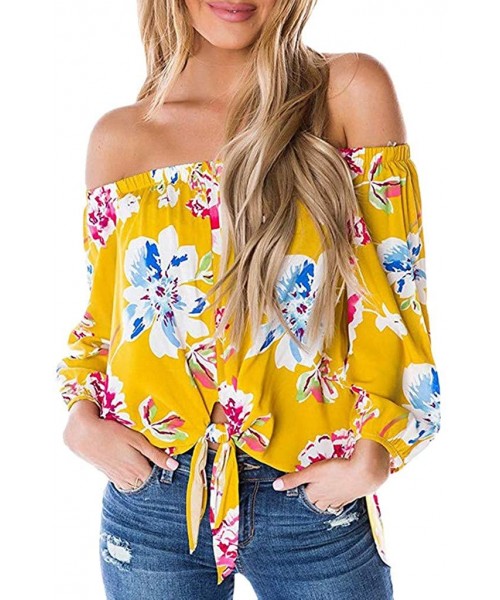 Tankinis Off Shoulder Blouses for Womens- Floral Stripe Bell Sleeve Baggy Tie Knot Tops Casual Shirts - 6 Yellow - CM18SHK4AOD