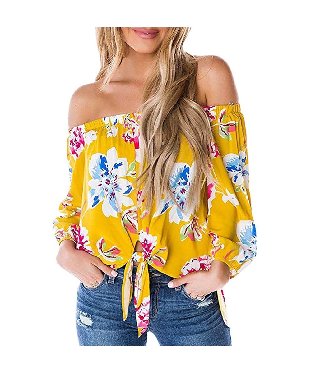 Tankinis Off Shoulder Blouses for Womens- Floral Stripe Bell Sleeve Baggy Tie Knot Tops Casual Shirts - 6 Yellow - CM18SHK4AOD