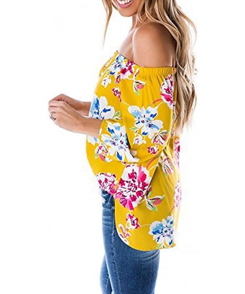 Tankinis Off Shoulder Blouses for Womens- Floral Stripe Bell Sleeve Baggy Tie Knot Tops Casual Shirts - 6 Yellow - CM18SHK4AOD