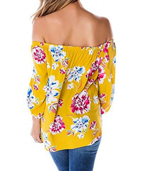 Tankinis Off Shoulder Blouses for Womens- Floral Stripe Bell Sleeve Baggy Tie Knot Tops Casual Shirts - 6 Yellow - CM18SHK4AOD