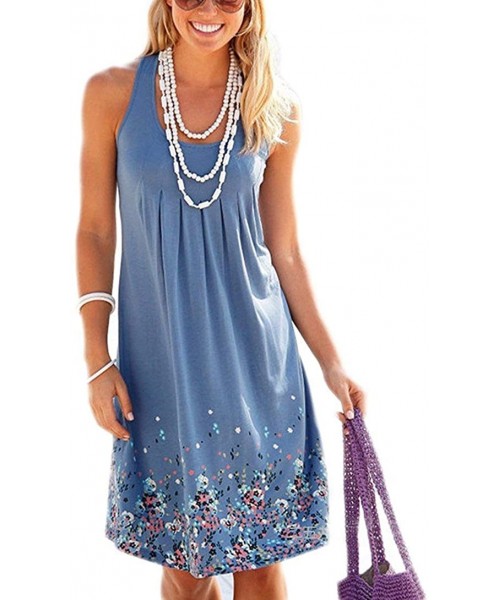 Cover-Ups Women Summer Casual Sleeveless Mini Plain Pleated Tank Vest Dresses - 3-blue - C218THL2W75