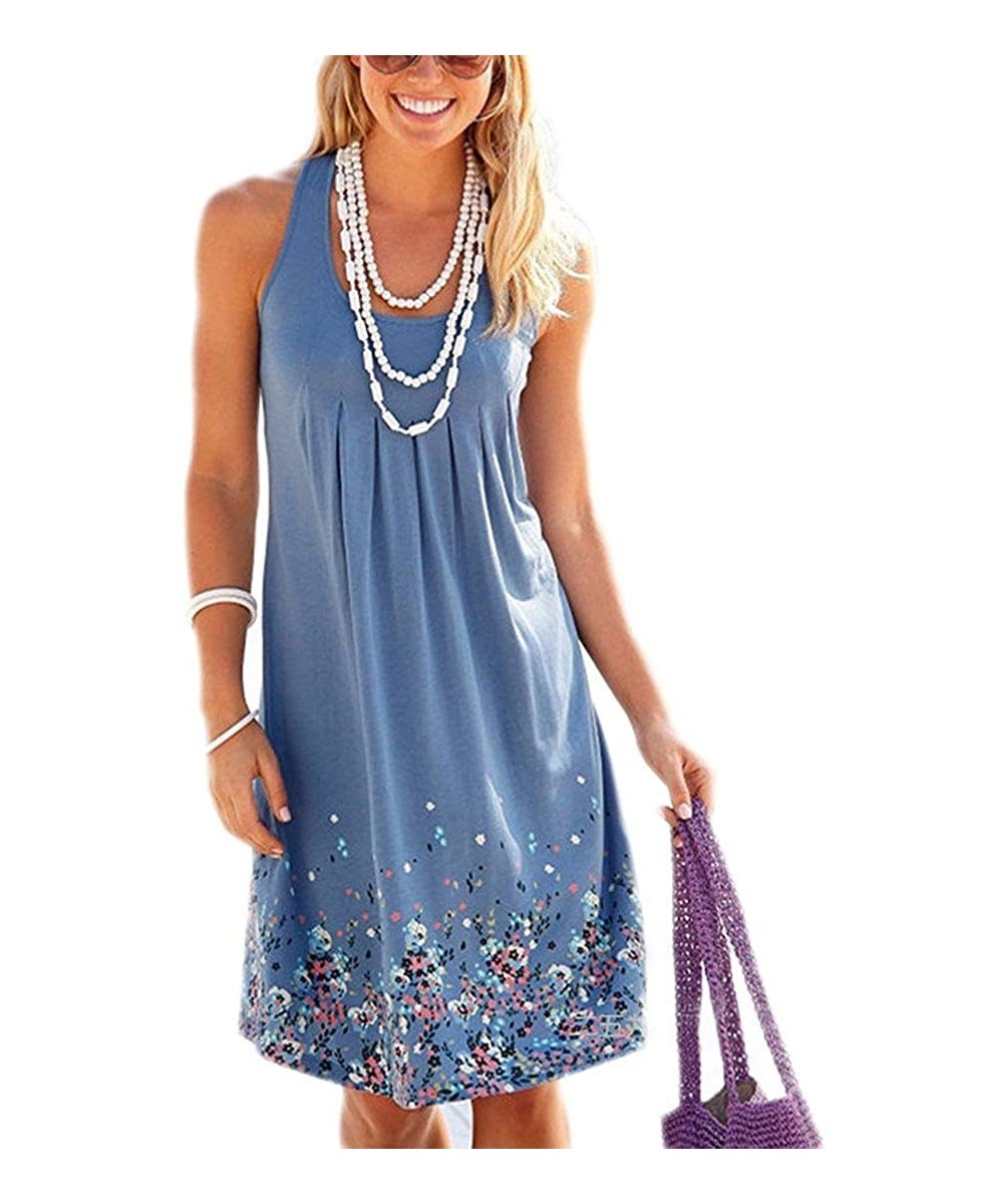 Cover-Ups Women Summer Casual Sleeveless Mini Plain Pleated Tank Vest Dresses - 3-blue - C218THL2W75