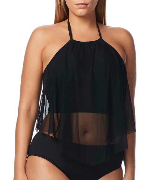 Tankinis Women's High Neck Tankini Top Swimsuit with Mesh Detail - Aura Mesh Castaway Black - C612O7N43VY