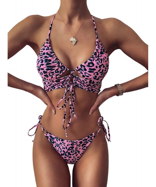 Sets Women's 2 Pieces Sexy Lace Up Halter Top with Tie Side Bikini Set - Pink-1 - CS198S82U62