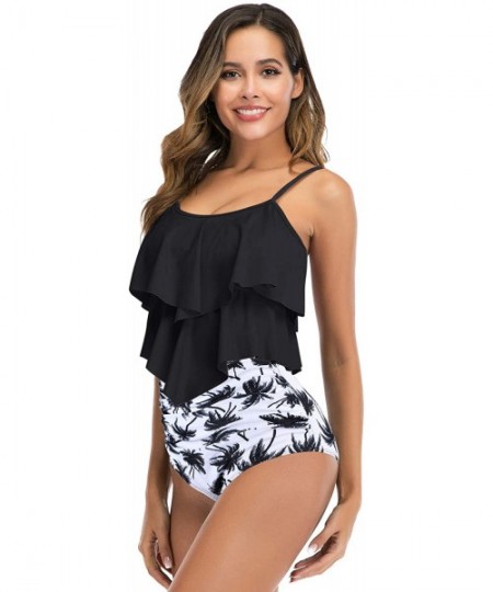 Bottoms High Waisted Bikini Swimsuits for Women Retro Ruffled Flounce Swimwear Two Piece Tankini Bathing Suits B black Palm -...