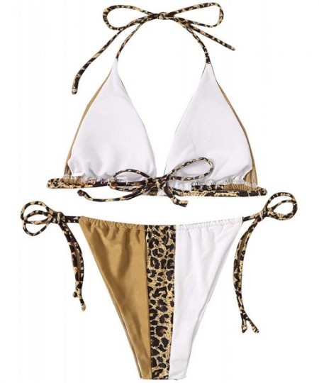 Sets Women's Contrast Leopard Print Halter Top with Bottom Two Piece Bikini Set - Multi - C5192ZISZZR