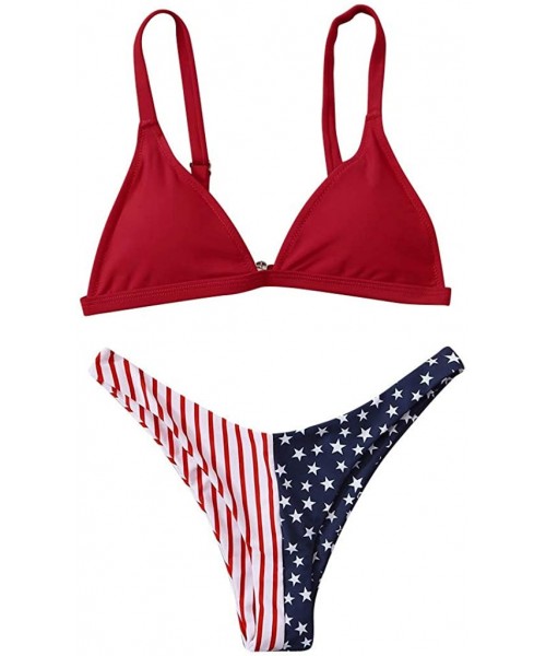 Tops Womens American Flag Print One Piece Swimsuits Cut Out Bathing Suits Thong Bikini Set - Red - C519CIXM84R