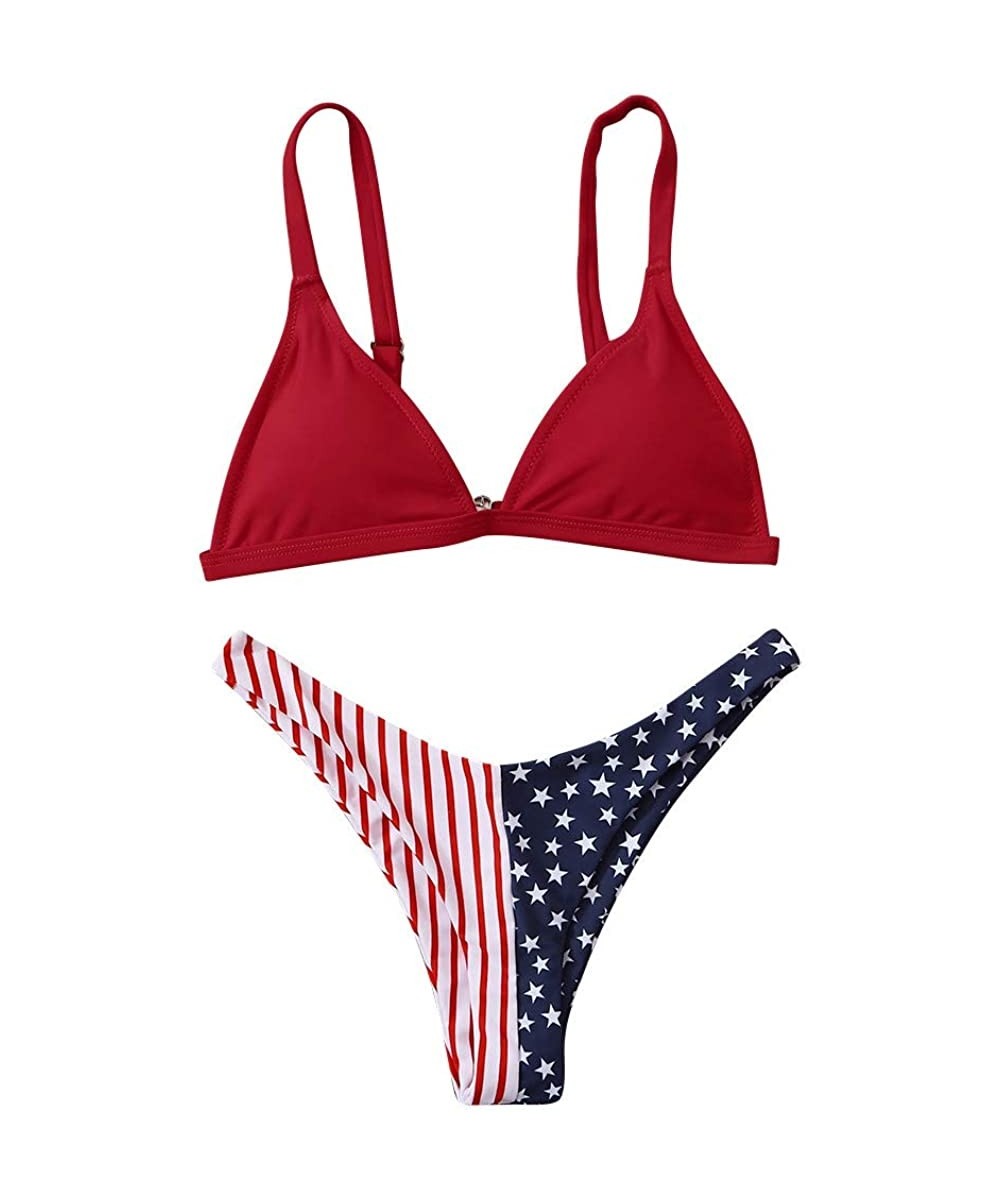 Tops Womens American Flag Print One Piece Swimsuits Cut Out Bathing Suits Thong Bikini Set - Red - C519CIXM84R