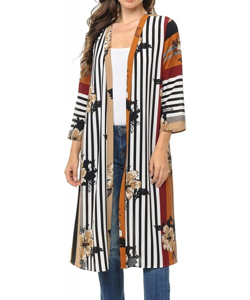 Cover-Ups Womens USA Made Casual Cover Up Cape Gown Robe Cardigan Kimono - Klfb1 - Color Block Floral - Taupe - CB18IQEWDO4