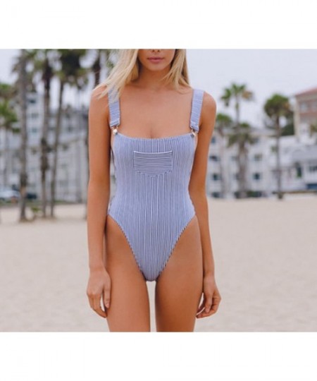 One-Pieces One Piece Striped Swimsuit for Women Backless High Cut Thong Bathing Suit Monokini - Blue - C3180H6AE9T