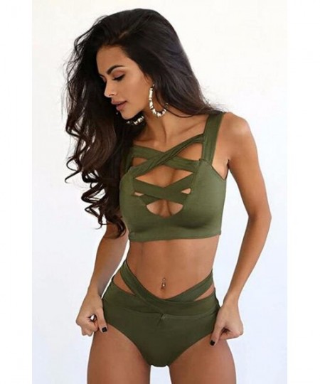 Tankinis Women's Sexy Criss Cross High Waist Bandage 2PCS Bikini Set Swimsuit - Armygreen - C4182G5YEGO