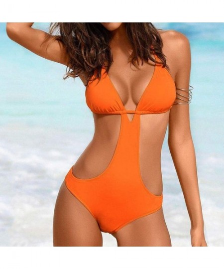 Bottoms Women Push Up Bandage Padded One Piece Bathing Suit Bikini Set Swimwear Knotted Cut Out Swimsuit Beachwear Orange - C...