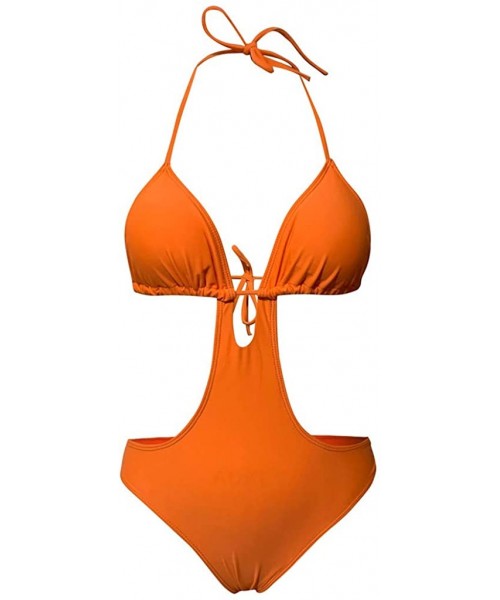 Bottoms Women Push Up Bandage Padded One Piece Bathing Suit Bikini Set Swimwear Knotted Cut Out Swimsuit Beachwear Orange - C...