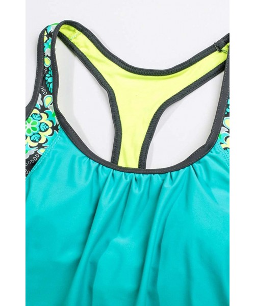 Sets Women Bathing Suit Print Strappy Racerback Padded Tankini Top with Boy Shorts Swimsuit - Blue - CG190GM4LT4