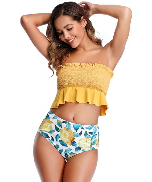 Tops Women's Summer Print Ruffle Off Shoulder Tube Top Bikini Swimsuit - Yellow(adult) - CQ193Z0LKCY