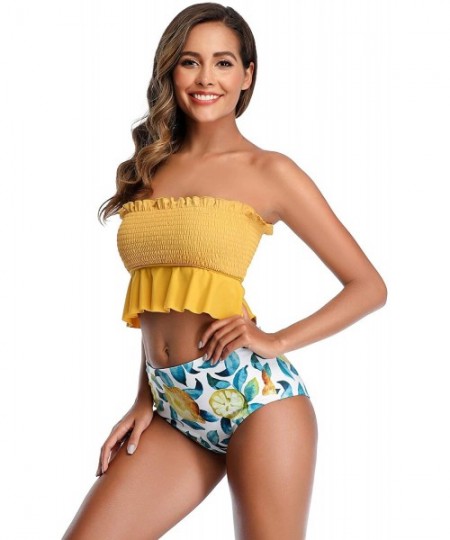 Tops Women's Summer Print Ruffle Off Shoulder Tube Top Bikini Swimsuit - Yellow(adult) - CQ193Z0LKCY