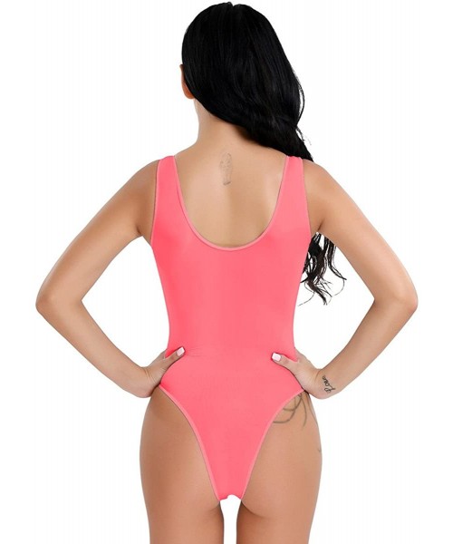 One-Pieces Women Retro High Cut One Piece Swimsuit See-Through Monokini Bathing Suits - Watermelon Red - C11863606NO