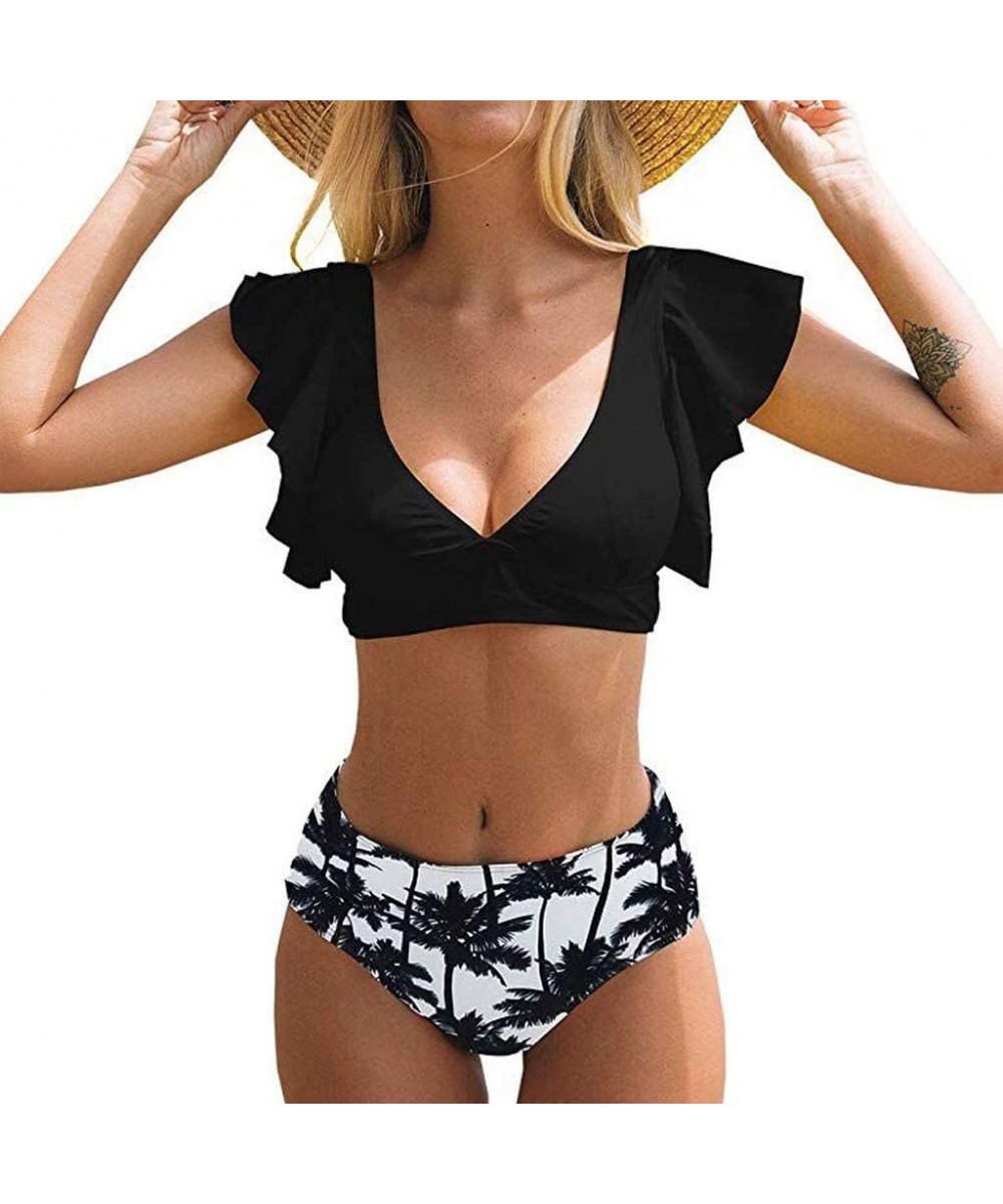 Sets Swimsuits for Women Tummy Control Two Piece Bathing Suit Top Tropical Ruffled Racerback High Waisted Tankini Black - C51...