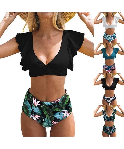 Sets Swimsuits for Women Tummy Control Two Piece Bathing Suit Top Tropical Ruffled Racerback High Waisted Tankini Black - C51...