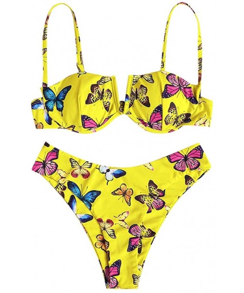 Sets Butterfly Print Bikini for Women- Two Pieces Swimwear High Waist Swimsuit Underwire - Yellow - CR19CGNGU9L