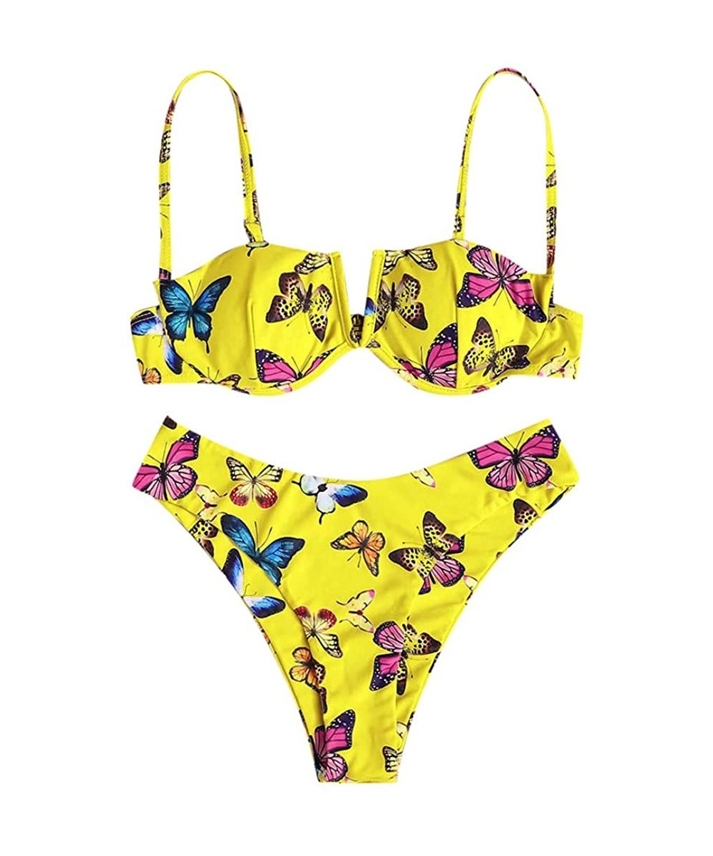 Sets Butterfly Print Bikini for Women- Two Pieces Swimwear High Waist Swimsuit Underwire - Yellow - CR19CGNGU9L