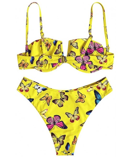 Sets Butterfly Print Bikini for Women- Two Pieces Swimwear High Waist Swimsuit Underwire - Yellow - CR19CGNGU9L