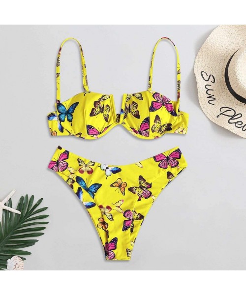 Sets Butterfly Print Bikini for Women- Two Pieces Swimwear High Waist Swimsuit Underwire - Yellow - CR19CGNGU9L