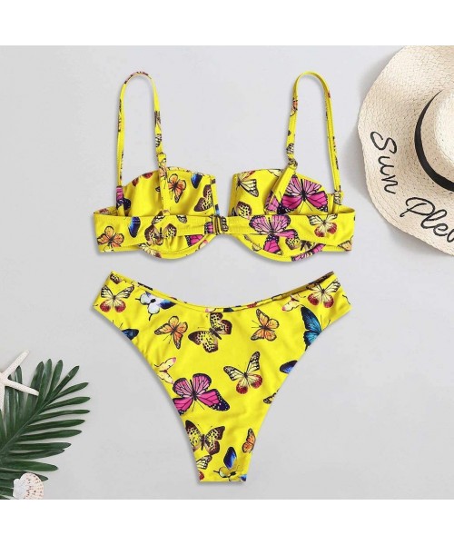 Sets Butterfly Print Bikini for Women- Two Pieces Swimwear High Waist Swimsuit Underwire - Yellow - CR19CGNGU9L