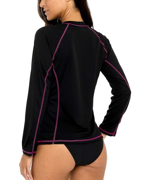 Rash Guards Women's Swim Shirts Long Sleeve Rash Guard UPF 50 Sun Protection Swimsuit Top - Black-fuchsia - CL194CGN06X