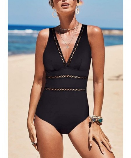 One-Pieces Women One Piece Plunge Monokini V Neck Hollow Out Swimsuit - Black - CP196DEXNDD