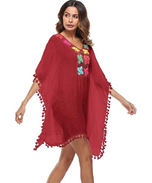 Sets Bikini Cover Up 2018 Women Tassel Loose Plus Size Swimsuit Bikini Cover Ups Sunscreen Cover Ups for Teen Girls Red - C11...