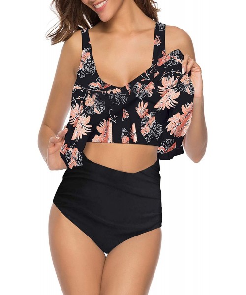 Tankinis Marina Womens Suits Two Pieces Flounce Top High Waist Bottom Tankini Sets Flowy Beach Swimwear - 05flower-01 - CJ18W...