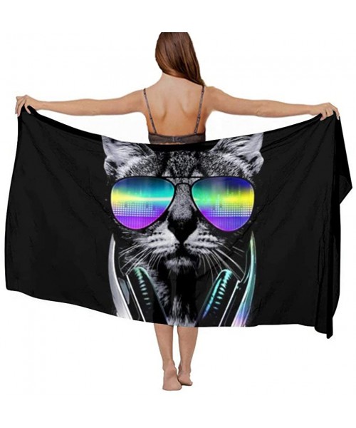 Cover-Ups Women Fashion Shawl Wrap Summer Vacation Beach Towels Swimsuit Cover Up - Funny Hip Hop Dj Cat Black - C1190HILYAQ