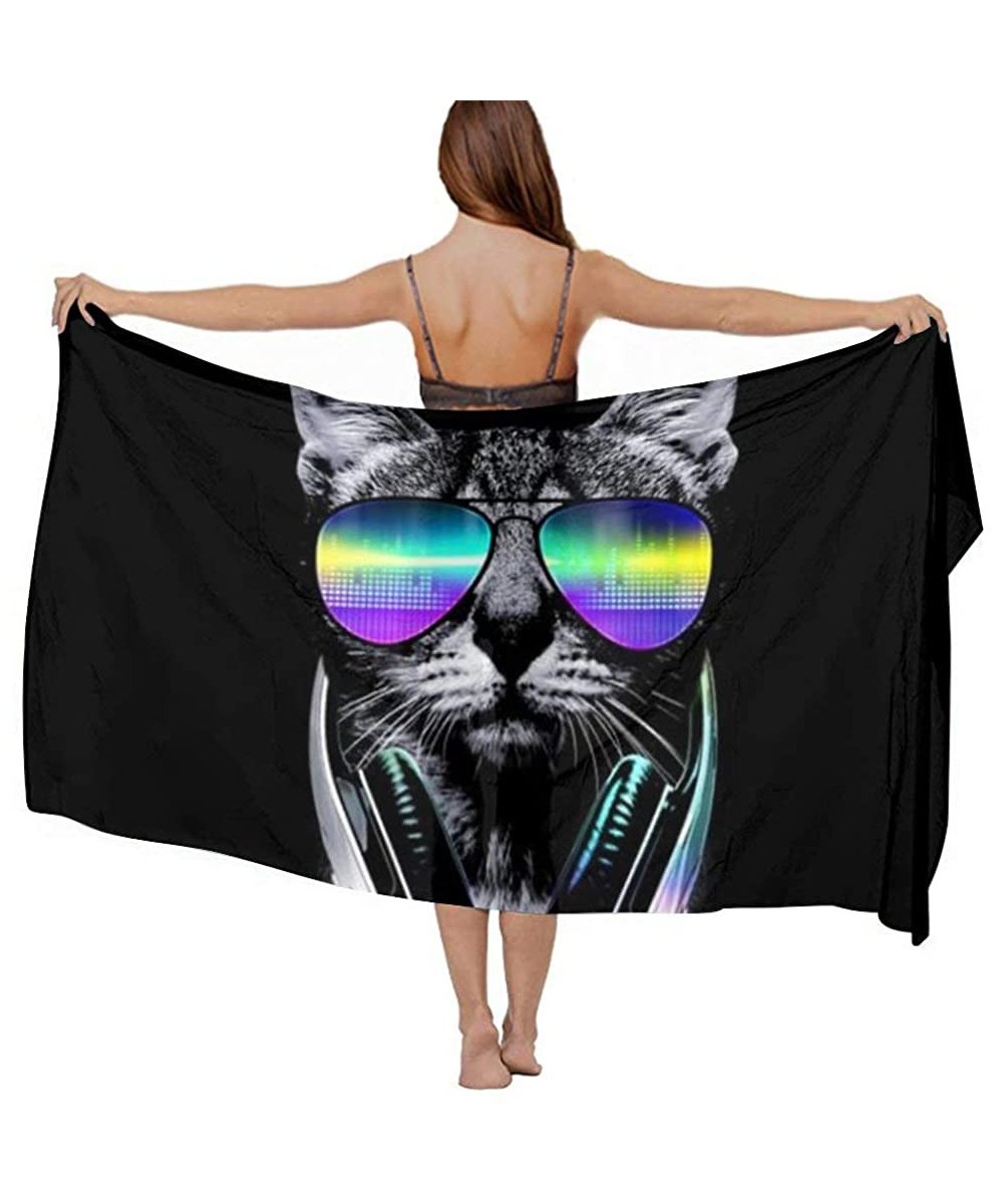 Cover-Ups Women Fashion Shawl Wrap Summer Vacation Beach Towels Swimsuit Cover Up - Funny Hip Hop Dj Cat Black - C1190HILYAQ