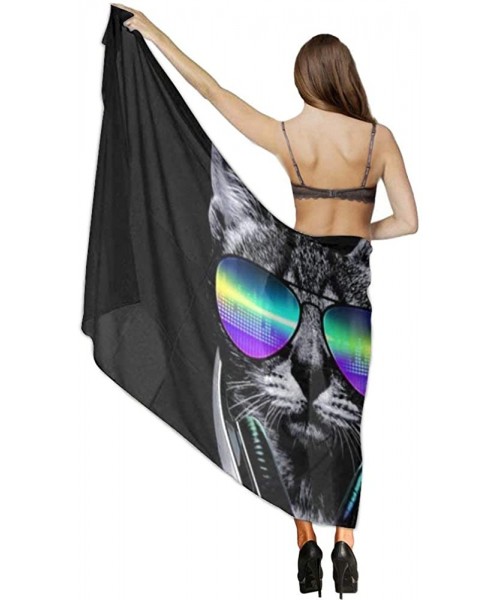 Cover-Ups Women Fashion Shawl Wrap Summer Vacation Beach Towels Swimsuit Cover Up - Funny Hip Hop Dj Cat Black - C1190HILYAQ