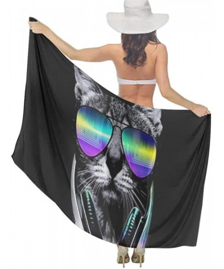 Cover-Ups Women Fashion Shawl Wrap Summer Vacation Beach Towels Swimsuit Cover Up - Funny Hip Hop Dj Cat Black - C1190HILYAQ