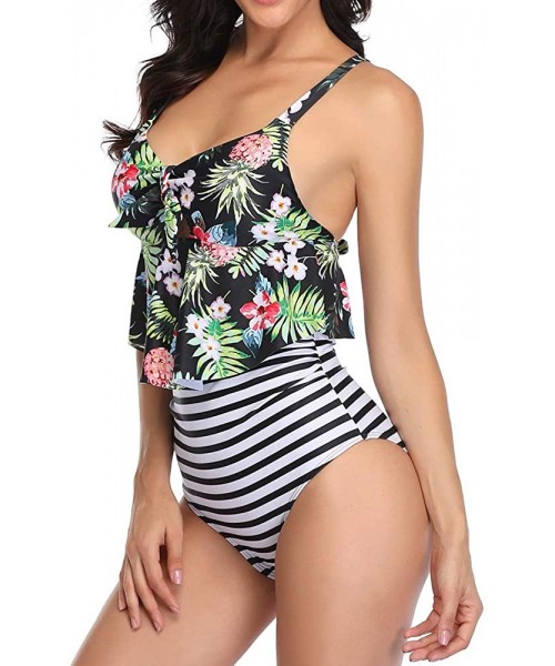 Tops High Waisted Bikini Swimsuits for Women Retro Ruffled Flounce Swimwear Two Piece Tankini Bathing Suits - C flower 1 - CR...