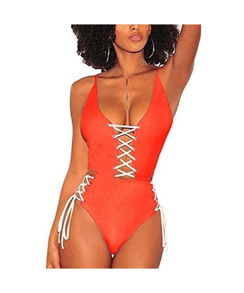 One-Pieces Women's Sexy V Neck Lace Up Cutout High Waisted One Piece Monokini Swimsuit - Orange - CR18O660GH8