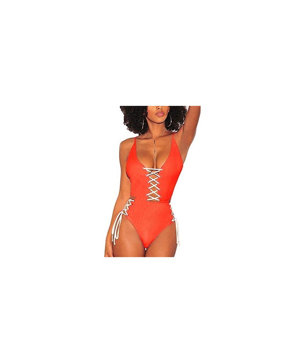 One-Pieces Women's Sexy V Neck Lace Up Cutout High Waisted One Piece Monokini Swimsuit - Orange - CR18O660GH8