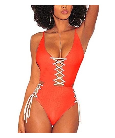 One-Pieces Women's Sexy V Neck Lace Up Cutout High Waisted One Piece Monokini Swimsuit - Orange - CR18O660GH8