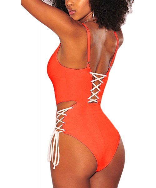 One-Pieces Women's Sexy V Neck Lace Up Cutout High Waisted One Piece Monokini Swimsuit - Orange - CR18O660GH8