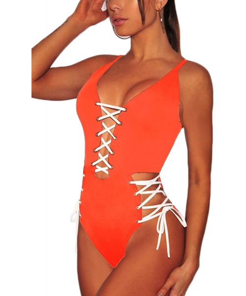 One-Pieces Women's Sexy V Neck Lace Up Cutout High Waisted One Piece Monokini Swimsuit - Orange - CR18O660GH8